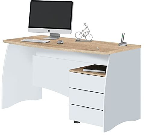 Habitdesign Mesa de Despacho con 3 Cajones, Mesa de Oficina o Estudio, Modelo Stil, Acabado en Balnco Artik y Roble Canadian, Medidas: 136 cm (Ancho) x 67 cm (Fondo) x 74 cm (Alto)