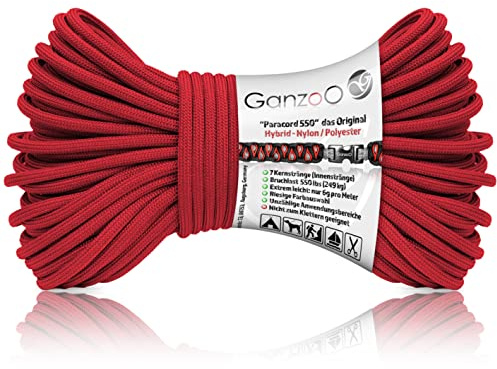 Ganzoo Paracord 550 Schnur Typ 3 4 mm Ruby, 30 m Nylon Polyester Hybrid-Seil mit 32-Litzen-Mantel und 7 Innensträngen, ca. 250 kg Bruchlast, für Outdoor, Camping, Abspannen, Basteln, Knoten, Flechten
