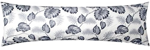 Renforcé Seitenschläferkissen Bezug 40x145cm Tropische Blätter (031/2-Grau) | 100% Baumwolle, Kissenbezug, Kissenhülle - Geblümt - Reißverschluss auf der langen Seite