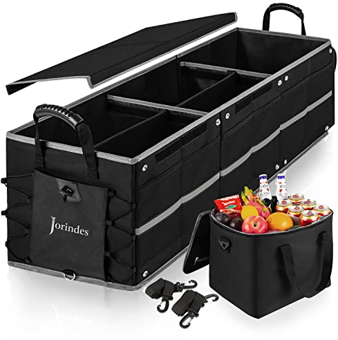 Jorindes Auto Kofferraum Organizer mit Kühltasche: Organizer Kofferraum mit Deckel, Zusammenklappbarer 3 Extra Große Fächer 5IN1 Kofferraumtasche Auto Aufbewahrungsbox - Verstellbare Sicherungsriemen