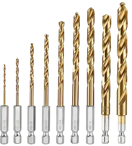 WORKPRO 9-Piece 1/4 Hex Shank Drill Bit Set, Titanium Plating HSS Drill Bits from 1/16 to 3/8 for Metal, Steel, Wood, PVC, Quick Change Design