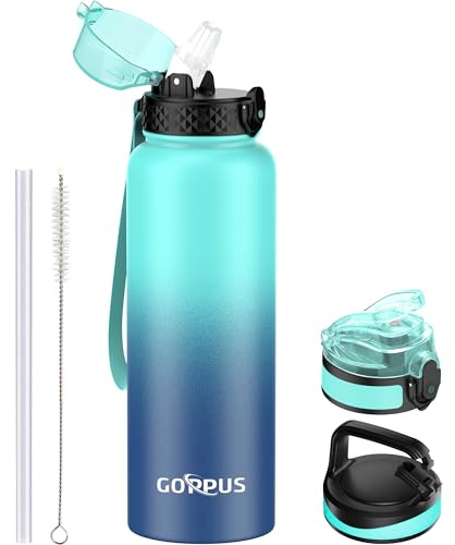 Goppus Bouteille d'eau en Acier Inoxydable avec Paille 1,2L/40oz à Double Paroi Bouteilles d'eau Isolées Étanchéité Bouteille d'eau à Couvercle Rabattable pour Adulte avec 3 Couvercles