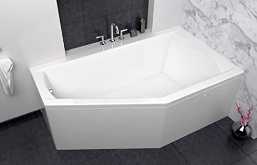 ECOLAM® raumsparende Badewanne Eckbadewanne Acryl Selena Polimat weiß 150x90 cm RECHTS + Schürze Ablaufgarnitur Ab- und Überlauf Automatik Füße Silikon Komplett-Set