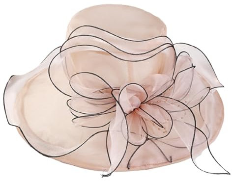 HIQIU Organza Hut Damen Breite Krempe Sommerhut Strandmütze, Ladies Elegant Sonnenhüte Fascinator Kirche Derby Hochzeit Party Hut (Schneeknospenpulver)
