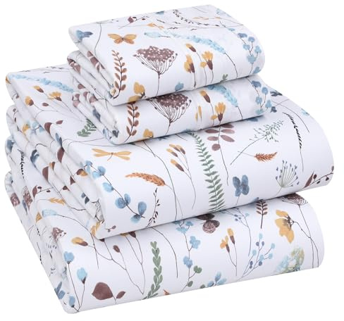 RUVANTI 100% Cotton Sheets – Queen Size Percale Bedding, Cooling & Breathable Floral Design, Durable with a Crisp, Soft & Comfortable Feel, 16 Deep Pocket, 4-Piece Set, Fern Class