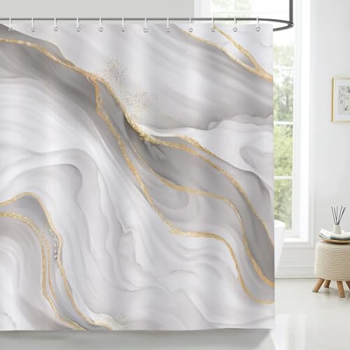 Bonhause Cortina de Ducha Mármol Gris Oro Moderno Abstracto Lujo Cortina de Baño de Poliéster Impermeable Antimoho Lavable Cortina Ducha 180 x 180 cm con 12 Ganchos