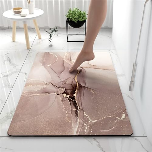 Hixingo Kieselgur Badematte rutschfeste Modern Marmor Badvorleger Absorbierender Badezimmerteppich, Waschbar Schnelltrocknende Bodenmatte für Dusche, Badewannen, Küche (80x120cm,Roségold)