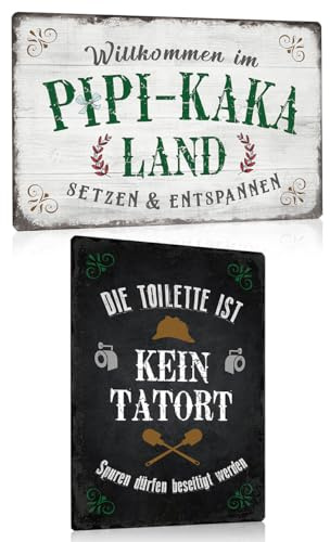2er Set Retro Lustige Blechschilder Toilette 30x20cm - WC Metallschild mit Witzige Spruch - PIPI KAKA LAND - Bad Gästebad klo Wand-Schild Dekoration Zubehör