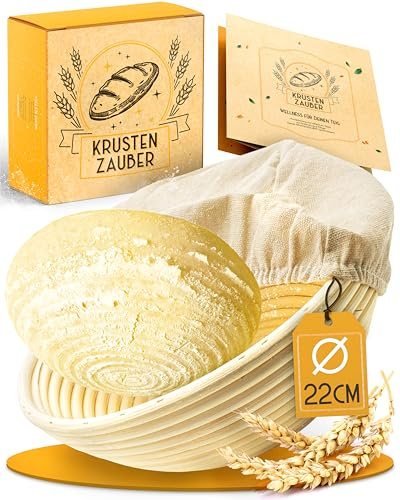 KRUSTENZAUBER 22cm Gärkorb aus Rattan mit Gärtuch für optimale Teiggärung | Für gleichmäßig gegarten Teig, schönes Rillenmuster, Rattan-Gärkorbchen mit Gärtuch, Für Sauerteig, Weizen- und Roggenbrot