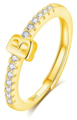 INFUSEU Anillo Inicial, 925 Plata De Ley 18K Oro Ajustable Letra B Anillos Apilables Alfabeto Mayúscula Joyería Personalizada Cumpleaños Regalo Dama Mujeres Niñas