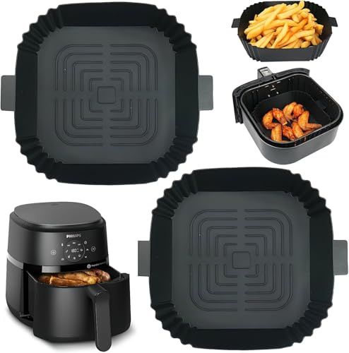 GINOYA 2PCS Air Fryer Liners for Tefal, 8 inch Square Silicone Air Fryer Accessories for 3.5L-5.5L COSORI Tower FABULETTA Philips Gourmia Air Fryer(Inner 6.5Inch, Black)