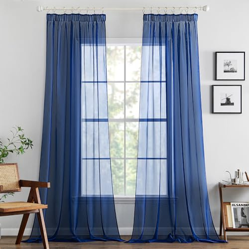 MIULEE Voile Gardine transparent Kräuselband 2er Set B140 H245 Dunkelblau | Transparente Einfarbige Voile Gardine mit Kräuselband, luftiger Stoff, moderne Deko für Wohnzimmer und Schlafzimmer