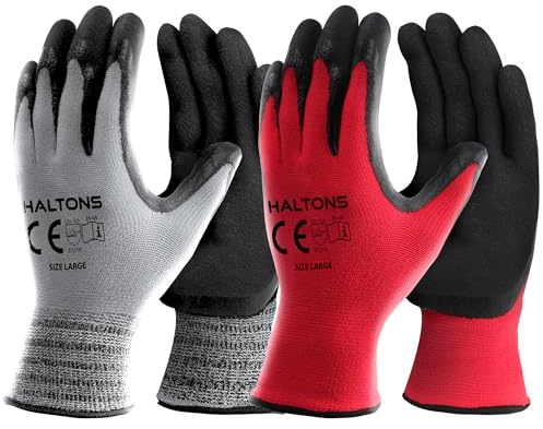 Haltons Latex & Polyester Work Gloves Men (12 Pack - Large), Durable Gardening Gloves for Women, Snug Fit & Non Slip - Ideal for DIY, Builder & Mechanic Work (Red/Grey)