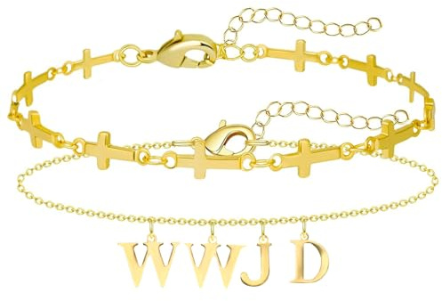 Flongo WWJD Gold Armbänder für Damen: 2 Stück Jesus Armreif Edelstahl Religion Kreuz Armkette Stapelbar Amulett Gebet Inspirational Frauen Mädchen What Would Jesus Do Herren Schmuck Geschenke