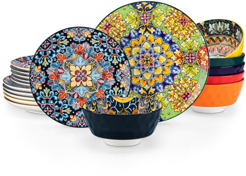 vancasso Simi Dinner Set for 6 People, 18-Piece Colourful Ceramic Tableware with 10.5in Dinner Plates, 8.5in Side Plates and 950ml Bowls, Boho Style Dinnerware Service