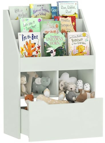 HOMCOM Kind Buchregal mit beweglicher Schublade Montessori Grün | Kinder-Bücherregal mit Rollen, Spielzeug-Organizer, für Schlafzimmer, Spielzimmer