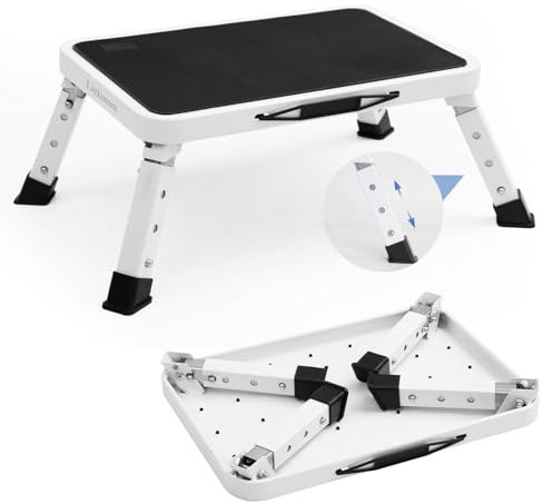 LIEKUMM Marchepied pliant - Charge maximale : 150 kg - Hauteur réglable sur 3 niveaux - Pour camping, caravane, cuisine, salle de bain, soin des pieds - Blanc