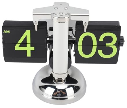 Kikumi European Style Retro Folding Digital Clock, 304 Stainless Steel Automatic Mechanical Desk Clock for Home and Living Room, 12 Hours (Green Steel Number
