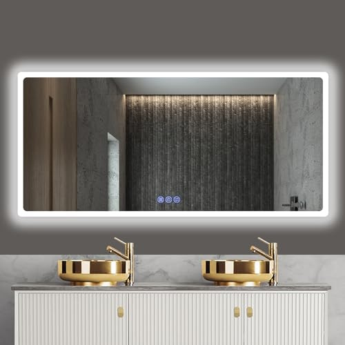 baklon Badrumsspegel med belysning 150 x 70 cm, badrumsspegel väggspegel och touch-brytare, IP65 LED-spegelbad med minnesfunktion, 3 färgtemperaturer, horisontell/vertikal, HD härdat glas