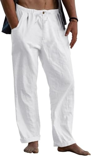 Runcati Pantalones de lino para hombre, holgados, ligeros, de verano, largos, monocolor, para el tiempo libre, playa, yoga, con cordón, Blanco, M