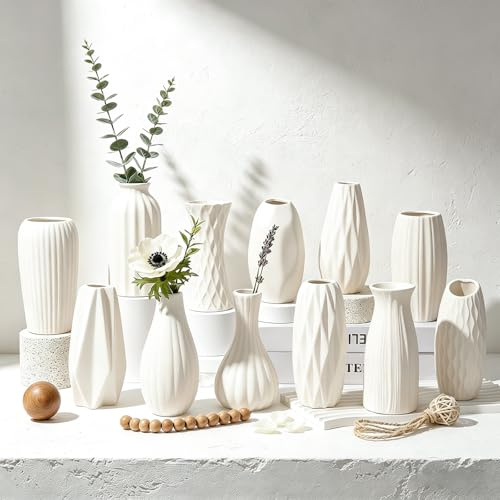 BEAHOT Ceramic Bud Vases Set of 12 - Matte Mini White Jars Bulk | Small White Ceramic Vases for Centerpieces, Wedding Floral Arrangements, DIY Crafts & Boho Table Decor (No Repeating Designs)