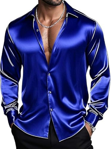 Barry.Wang Men's Royal Blue Shirts Long Sleeve Dress Shirts Stretch Button Down Satin Shirt Formal Casual Business Wedding