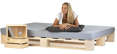 Lermowood Palettenbett M1 aus Holz 240 x 200 cm Natur mit Lattenrost Holzbett 20cm Stabiles Seniorenbett Kinderbett Jugendbett Gästebett erhöhtes Einzelbett Bettgestell Futonbett Komforthöhe Naturholz