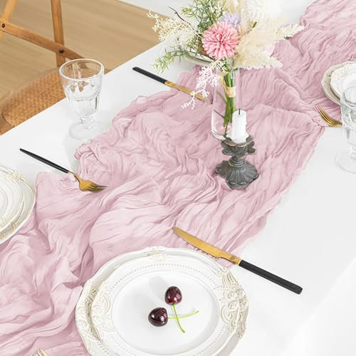 CUEMOON Mode Boho Gaze Käsetuch Beige Tischläufer 300 x 90cm, Tischläufer Hochzeit Käsetuch Hochzeit Party Geburtstag Dekor, Rosa