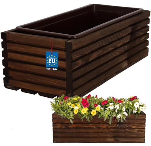 KOTARBAU® Blomlåda av trä 44 x 20 cm med innerkruka balkonglåda brun balkongkruka blomkruka blomlåda blomkruka utomhus balkong trädgård terrasser låda med insats