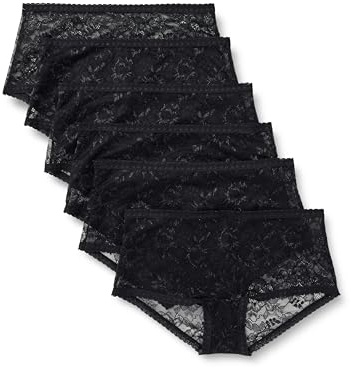 Amazon Essentials Culottes Entièrement en Dentelle Extensible, Modèles Shorty, Cheeky et String Femme, Lot de 6, Noir, 46