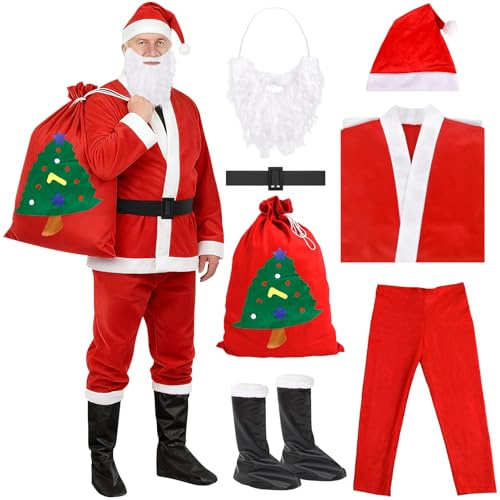 GLOSKIN Costume Babbo Natale uomo,Vestito Babbo Natales uomo Per Adulti, set da 7 Pezzi con Barba,Cappello,Scarpe,Vestiti, Pantaloni,Cintura Babbos Natale e Borsa Regalo