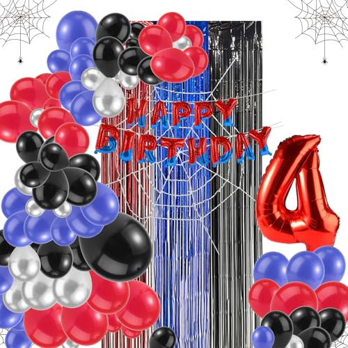 Spider Theme Party Decorations Kit, Includes Letter Banner Number Balloon Web Backdrop Hanging Curtains Multi-Size Balloons for Boys Girls Baby Shower Decor (Number 4)