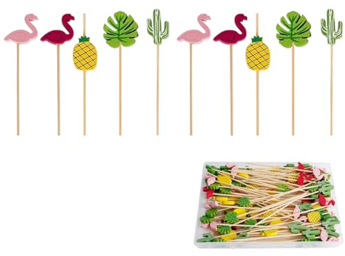 100 Counts Bamboo Cocktail Sticks, Fruit Cocktail Picks, Finger Food Picks, Appetizer Sticks, Party Food Toothpicks with Flamingo Cactus, Decorative Cocktail Sticks for Drinks Fruit Appetizers