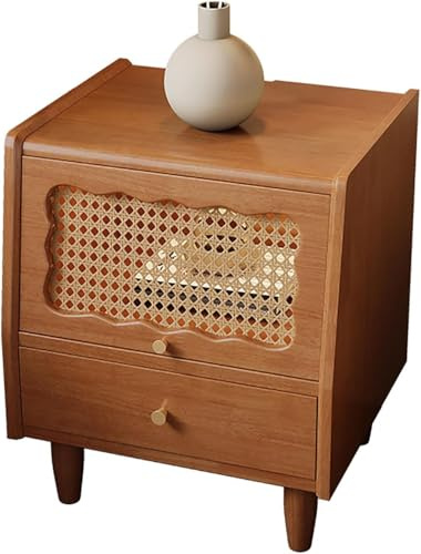 MESCXTY Mesita de Noche de Madera con 2 cajones, Mueble Auxiliar con Puerta de ratán y Puerta de Cristal, Ideal para Dormitorio (Color: Cerezo y Puerta de ratán)