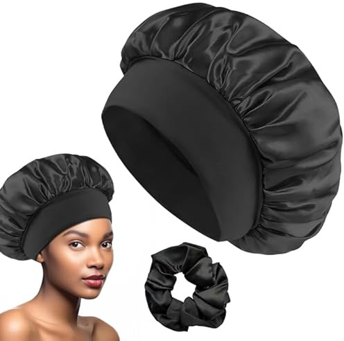 Cuffia Seta Capelli Notte, 1 PCS Cuffia Doccia Donna Impermeabile Riutilizzabile, Fascia Elastica Regolabile, Bonnet Seta per Capelli Ricci per Dormire In Raso Per Donna e Ragazza - Nero