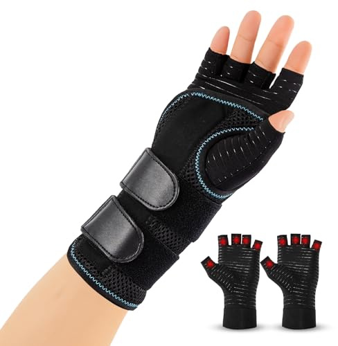 JLFDLLYYZQ 1 Stück Handgelenkstütze Mit 3 Metallschiene Und 1 Paar Halbfinger Arthrose Handschuhe Mit Kupfer, Verstellbare Karpaltunnelsyndrom Schiene, Bandage Handgelenk, Handschiene Rechts, L