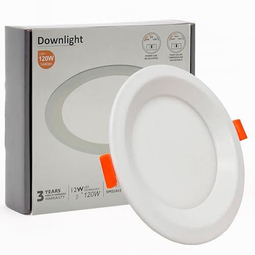 FactorLED Downlight LED Techo Empotrable Circular, 12cm 12W (120W), 1440Lm, Panel Redondo Empotrado, URG17, Potencia Regulable, Luz Seleccionable 3000K-4000K-5700K (CCT) (1, Ø120mm)