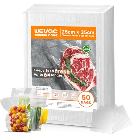 Wevac Core Vacuum Food Bags 25cmx35cm 50pcs, Starter Pack Bags for Storage | Heavy Duty, Textured Embossed Design, Great for Meal Prep, Sous Vide Cooking, Boiling, BPA Free, Fits All Vacuum Sealers