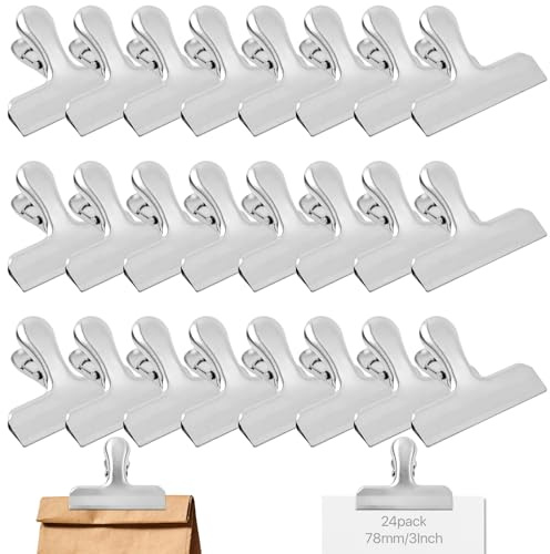 Food Bag Clips, 3 Inch / 78mm Wide Stainless Steel Chip Clips, 24 Pcs | Large Food Pegs for Sealing Coffee & Bread Bags, Easy to Open Bag Clamps for Home Kitchen Office Use and Freezer