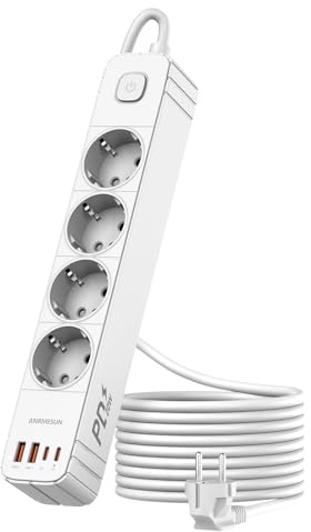 ANRMESUN Multikontakt 4 uttag med 4 USB (2 USB-C PD 20W), överspänningsskydd och åskskydd med strömbrytare och 1,9 m kabel, platt väggmonterad kontakt för hem och kontor
