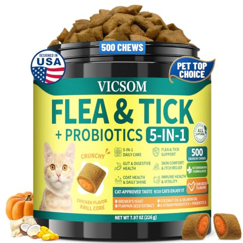 VICSOM Flea and Tick Prevention for Cats, Probiotics for Cats, 500 Chews | Crunchy Cat Treats With Probiotics, Pumpkin Seed, Coconut Oil & Salmon Oil For Gut, Skin & Coat Support, Chicken Flavor