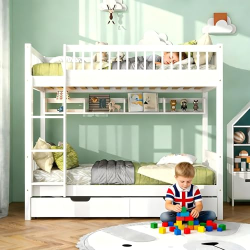 Su & Chan Legence Bunk Bed for Kids with under Bed Drawer Storage, 3ft Single Bed Frame with Ladder and Shelf, Solid Pine Wood, 90 x 190cm, No Mattress, White