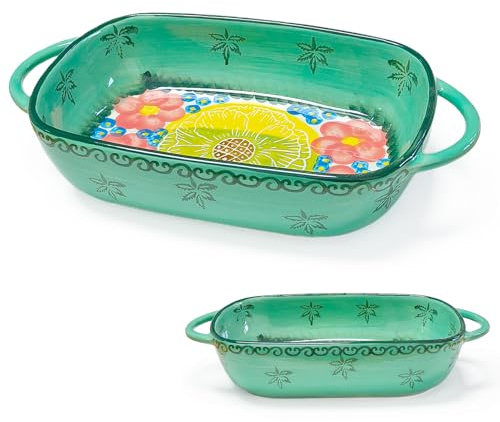BOYIFEIJIE Plat à gratin rectangulaire en céramique avec 2 poignées, design floral vintage, moule pour four, micro-ondes, lave-vaisselle, idéal pour lasagnes, casseroles, tiramisu (vert émeraude)