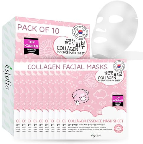 esfolio Collagen Essence Sheet Mask – Hydrating & Firming Face Mask for Glowing Skin – Anti-Aging Korean Skincare with Hydrolyzed Collagen & Hyaluronic Acid – Moisturizing Facial Mask (Pack of 10)