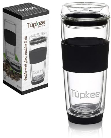 Tupkee Double Wall Glass Tumbler - 14-Ounce, Insulated Tea/Coffee Mug With Lid, Hand Blown Travel Mug - Black