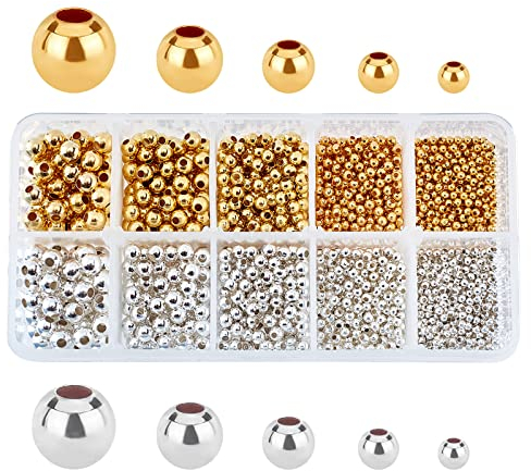 PandaHall 2340pcs Glatte Runde Metallperlen Goldenes Silber 5 Größe winziger Abstandshalter Nahtlose lose Kugelperlen für Sommer Hawaii stapelbare Halskette Armband Ohrring Herstellung 2.4/3/4/5/6mm