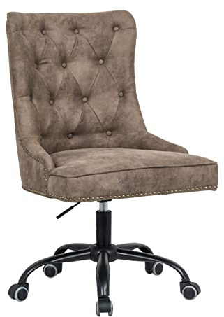 Bürostuhl VICTORIAN - 58x58cm - taupe - Microfaser Metall-Gestell drehbar | höhenverstellbar, Armlehne, Nietenbesatz, Ziersteppung, hoher Komfort, pflegeleicht, Vintage, Eyecatcher