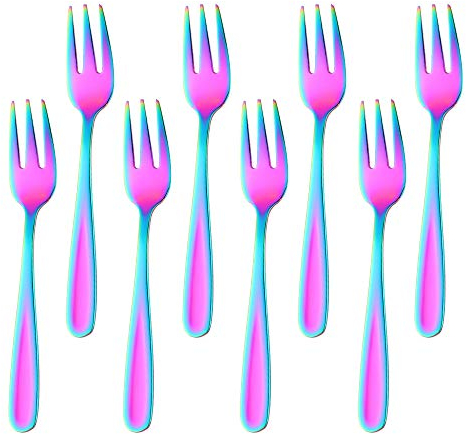BISDARUN Dessertgabeln aus Edelstahl klein Kuchengabeln Obst Gabel 8-teilig Regenbogen Länge 13.6CM/5.35 Inch