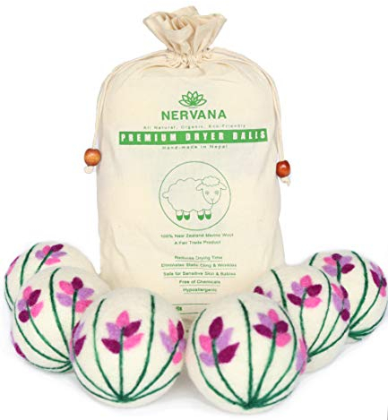Organic Wool Dryer Balls - Lavender 6 XL Premium Quality Reusable Natural Fabric Softener, 100% Hand Made, New Zealand Merino Wool, Bunch of Lavender, Fair-Trade