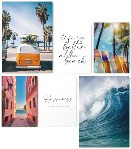 Papierschmiede® Mood Poster Set Surfing, Bilder Wohnzimmer Deko Schlafzimmer, 2x DIN A3 (ca. 30x42) und 4x DIN A4 (ca. 21x30), Strand Beach Surfbrett Palmen - ohne Rahmen